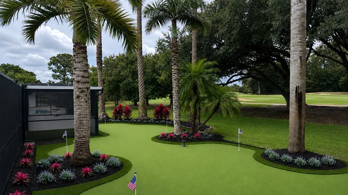 Concept render of the same back garden showing the proposed planting around the putting green