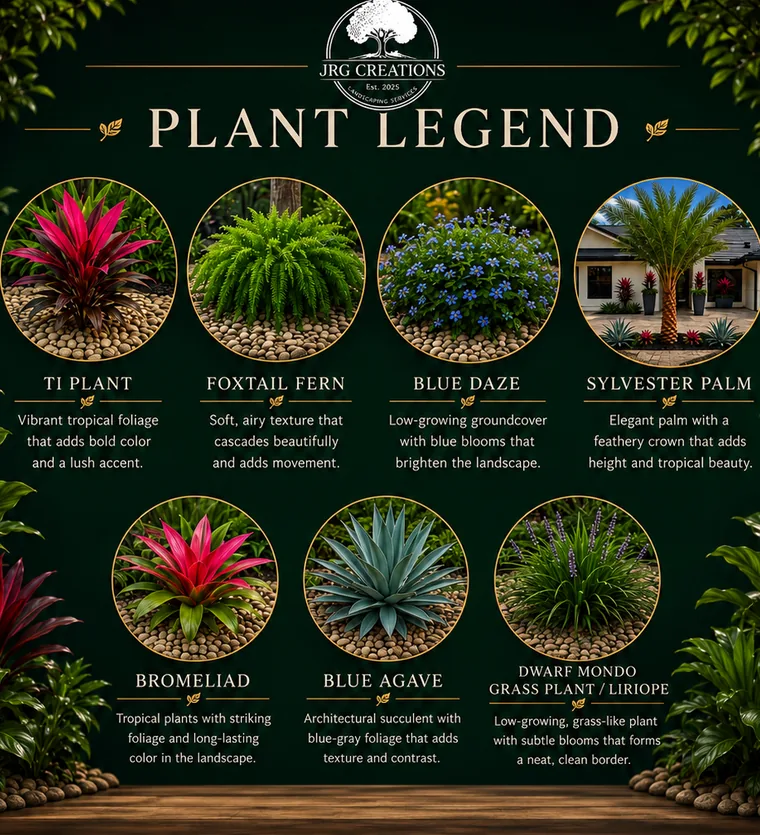 JRG Creations plant legend showing ti plant, foxtail fern, blue daze, sylvester palm, bromeliad, blue agave and dwarf mondo grass
