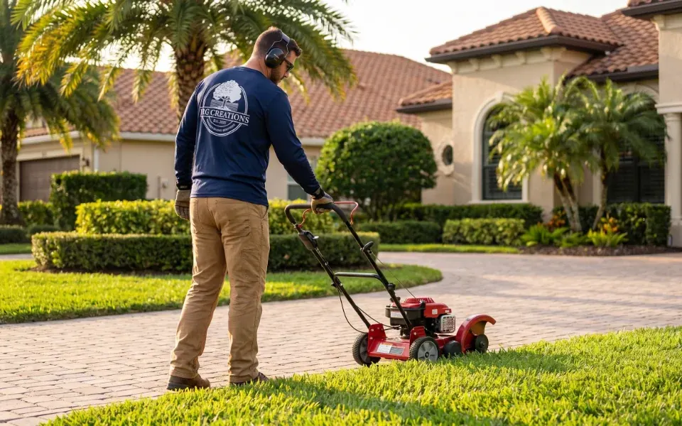A JRG Creations crew member edging a lawn along a paver driveway